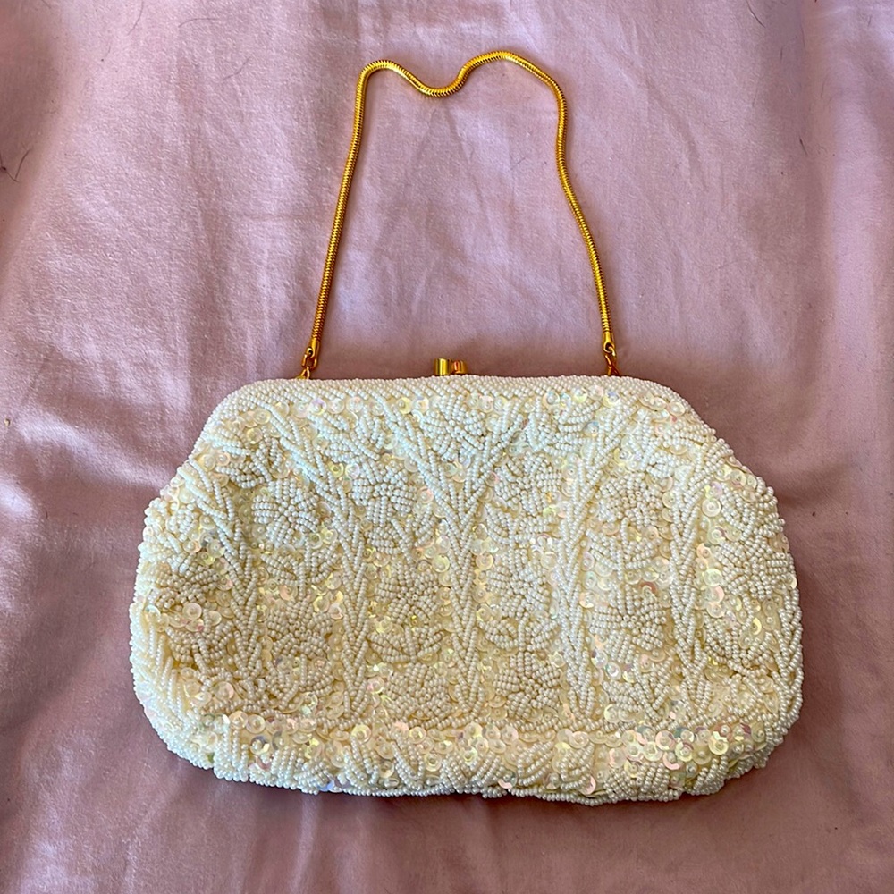 hand made bead embellished ivory/off white purse with gold metal